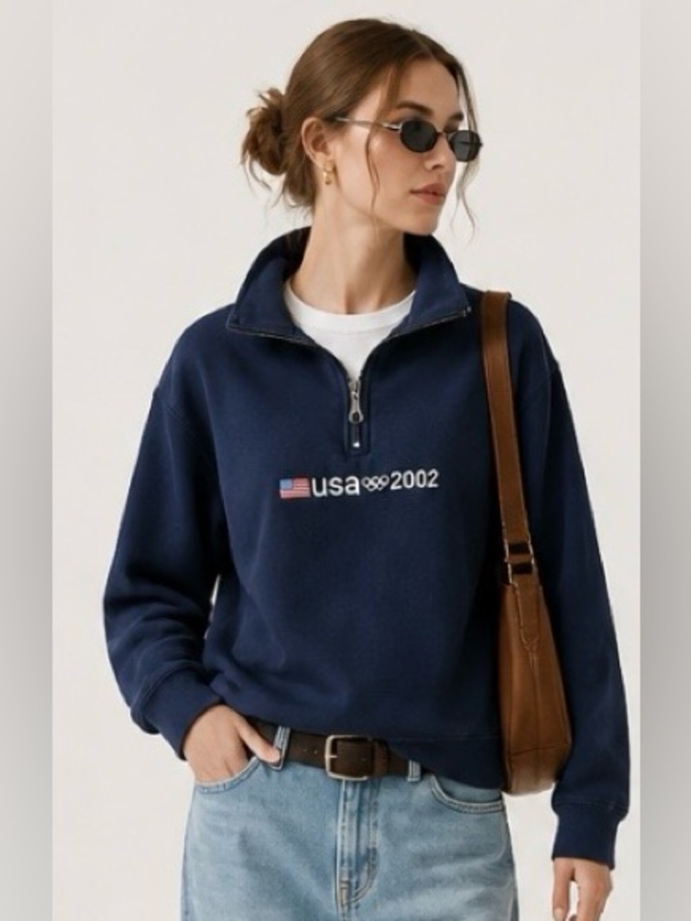 ROOTS Vintage Y2K USA 2002 Winter Olympics Navy Quarter Zip Sweatshirt Team USA